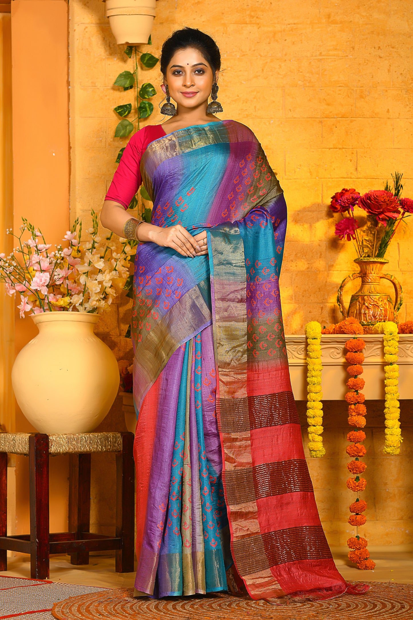 Multicoloured Hand Painted Zari Pure Silk Mark Certified Tussar Silk Sarees