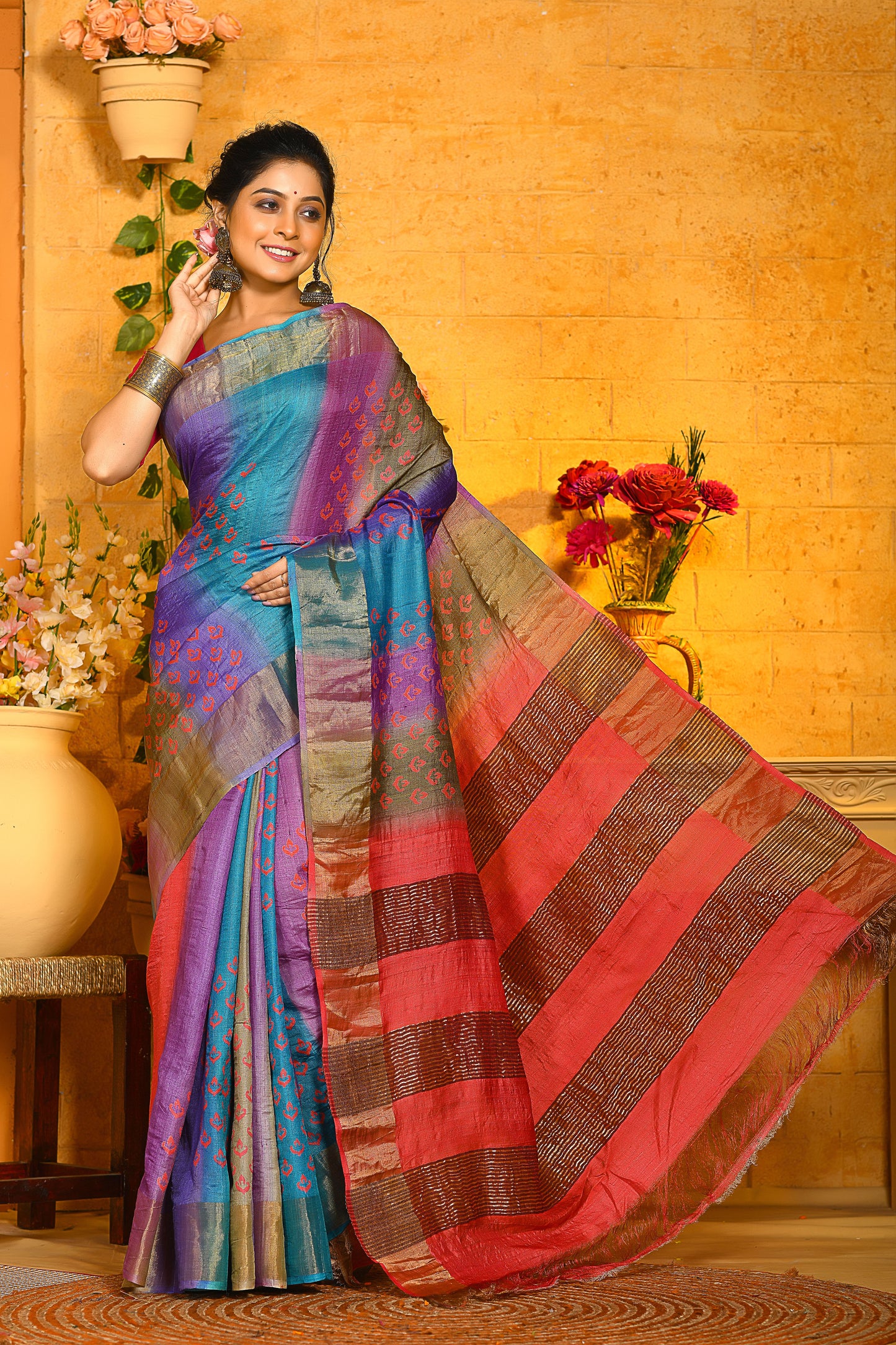 Multicoloured Hand Painted Zari Pure Silk Mark Certified Tussar Silk Sarees