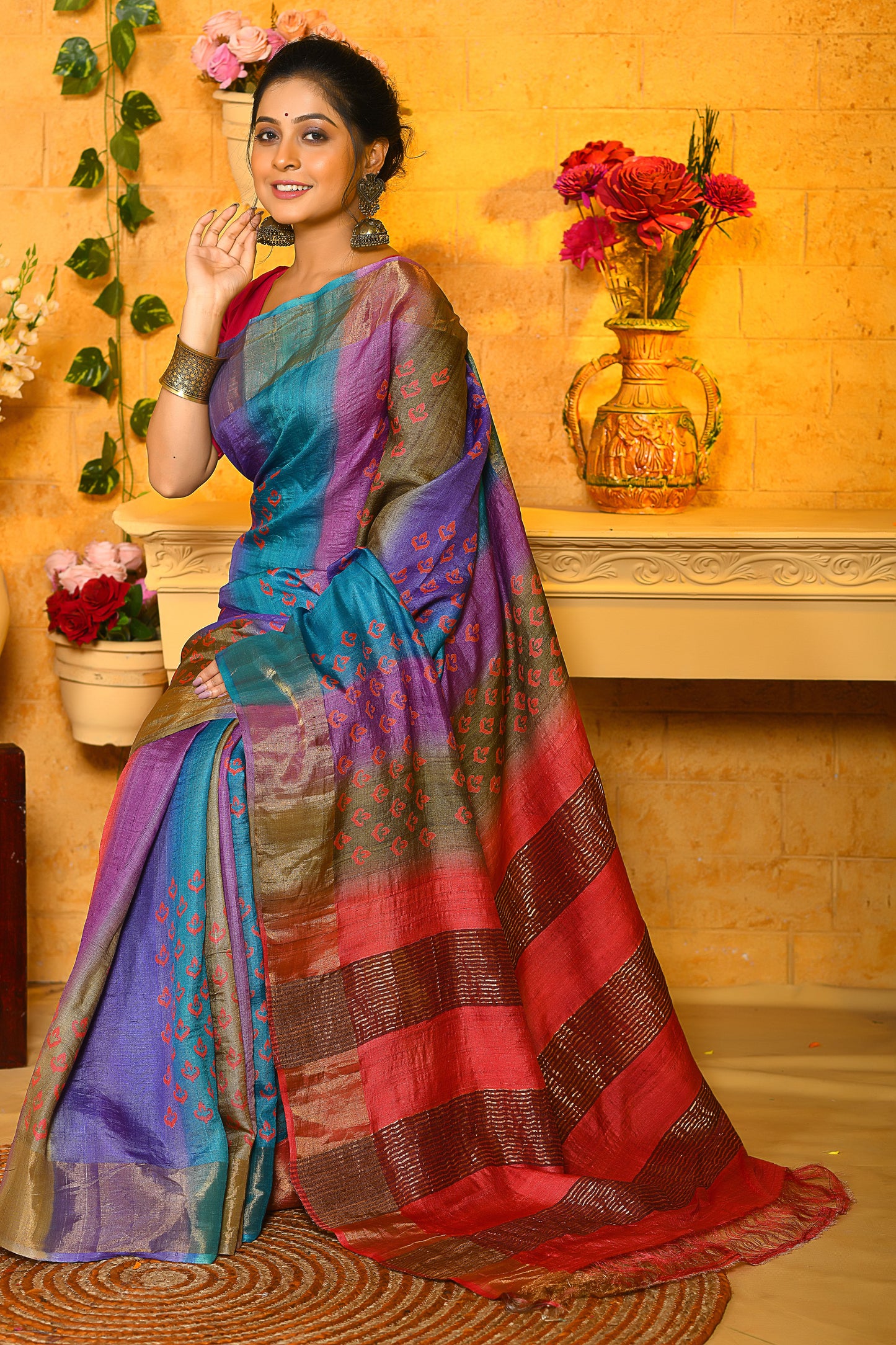 Multicoloured Hand Painted Zari Pure Silk Mark Certified Tussar Silk Sarees