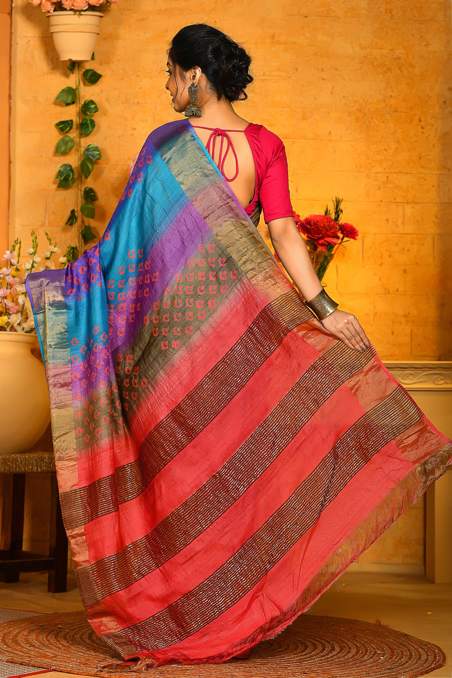 Multicoloured Hand Painted Zari Pure Silk Mark Certified Tussar Silk Sarees