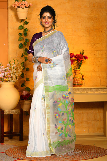 White Color Based Muslin Saree With Zari Border Handloom Cotton Saree