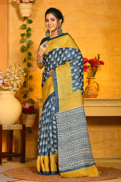 Mustard Yellow Block Printed Pure Silk Mark Certified Tussar Silk Sarees