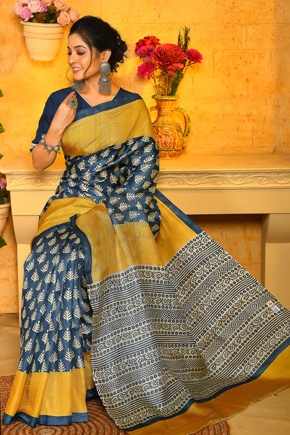 Mustard Yellow Block Printed Pure Silk Mark Certified Tussar Silk Sarees