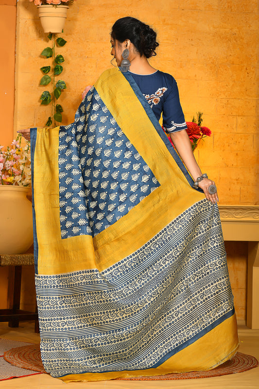 Mustard Yellow Block Printed Pure Silk Mark Certified Tussar Silk Sarees