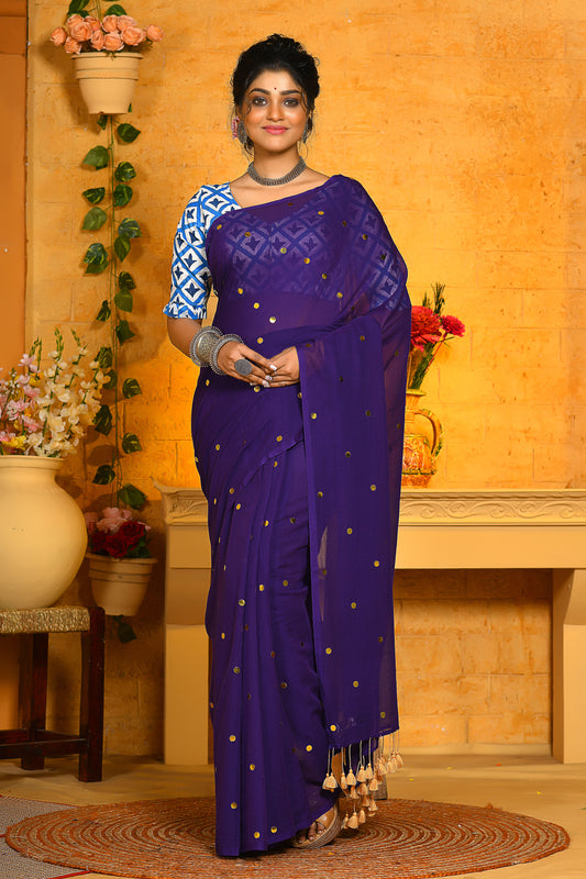 Purple Solid Color Sequins Handloom Khadi Cotton Saree