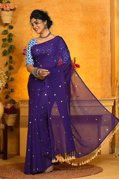 Purple Solid Color Sequins Handloom Khadi Cotton Saree