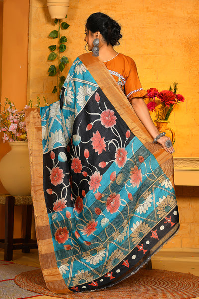 Yellow & Brown Tussar Silk Saree With Kalamkari Printed Work – Bahuji -  Online Fashion & Lifestyle Store