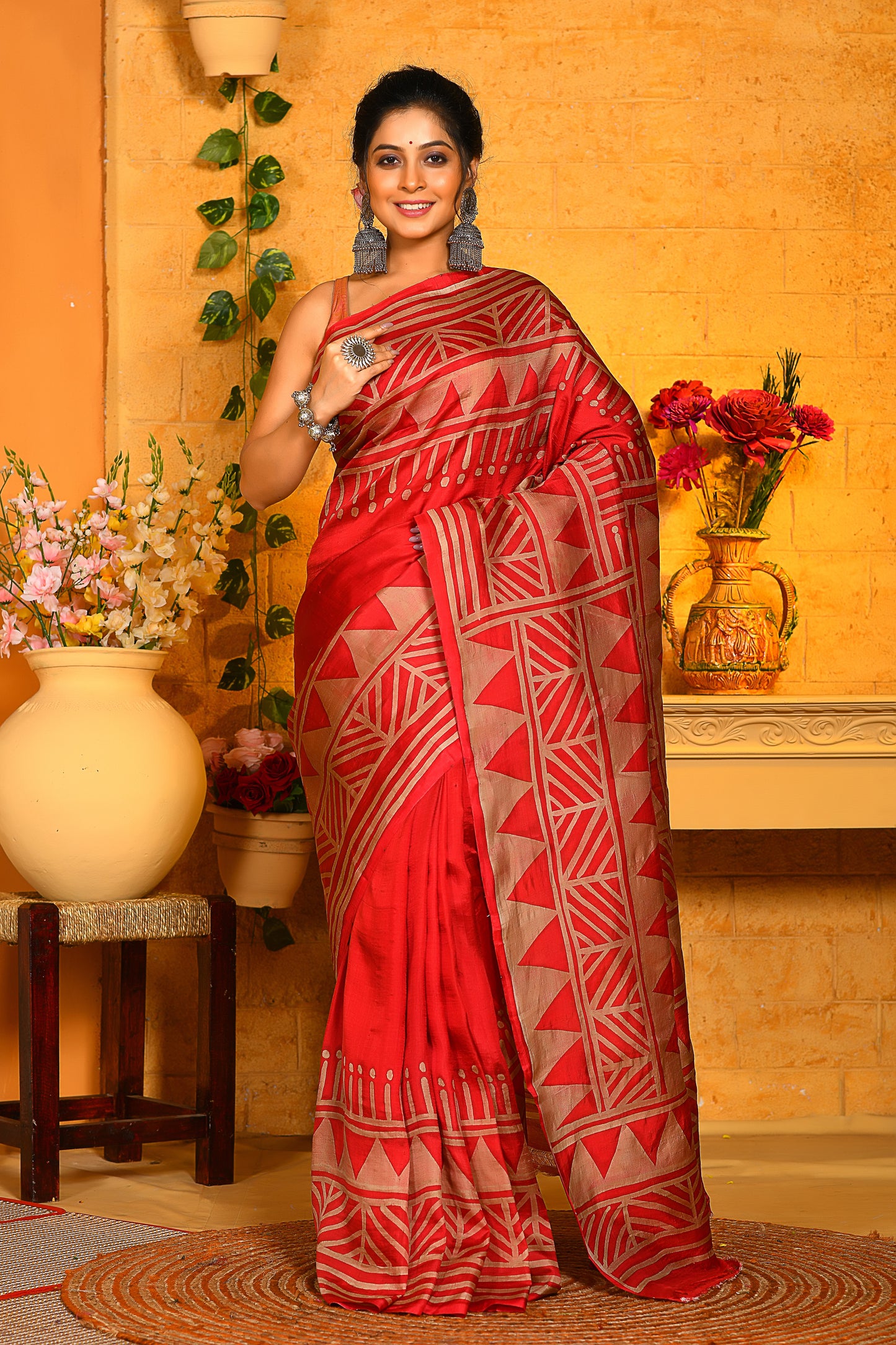 Red Wax Hand Painted Handloom Pure Silk Sarees