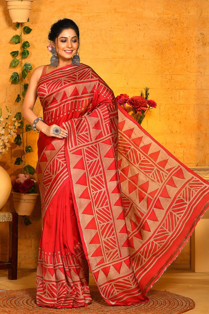 Red Wax Hand Painted Handloom Pure Silk Sarees