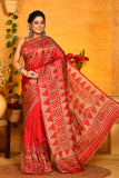 Red Wax Hand Painted Handloom Pure Silk Sarees Get Extra 10% Discount on All Prepaid Transaction