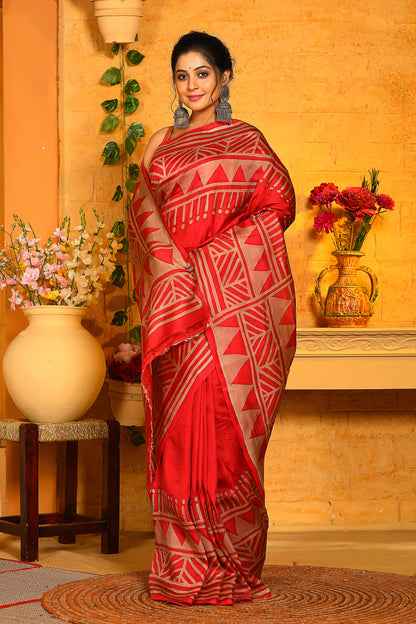 Red Wax Hand Painted Handloom Pure Silk Sarees