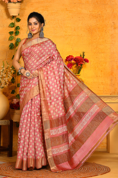 Peach Pink Block Printed Zari Border Pure Silk Mark Certified Tussar Silk Sarees