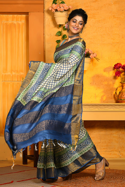 Greyish Blue Block Printed Zari Border Pure Silk Mark Certified Tussar Silk Sarees