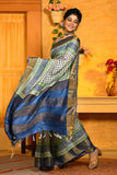 Greyish Blue Block Printed Zari Border Pure Silk Mark Certified Tussar Silk Sarees