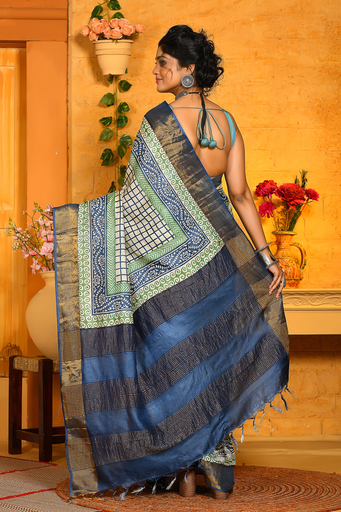 Greyish Blue Block Printed Zari Border Pure Silk Mark Certified Tussar Silk Sarees