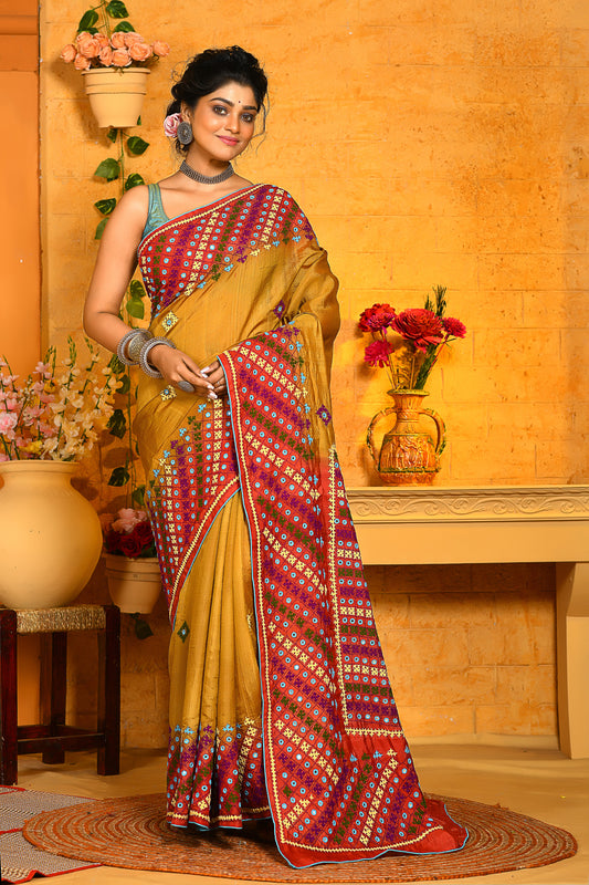 Mustard Yellow With Red Color Combination Mirror Work Kantha Stitch Sarees