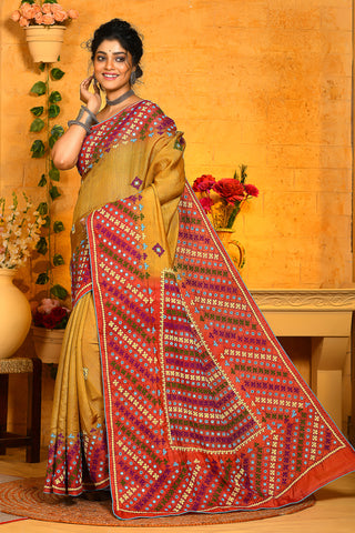Mustard Yellow With Red Color Combination Mirror Work Kantha Stitch Sarees Get Extra 10% Discount on All Prepaid Transaction