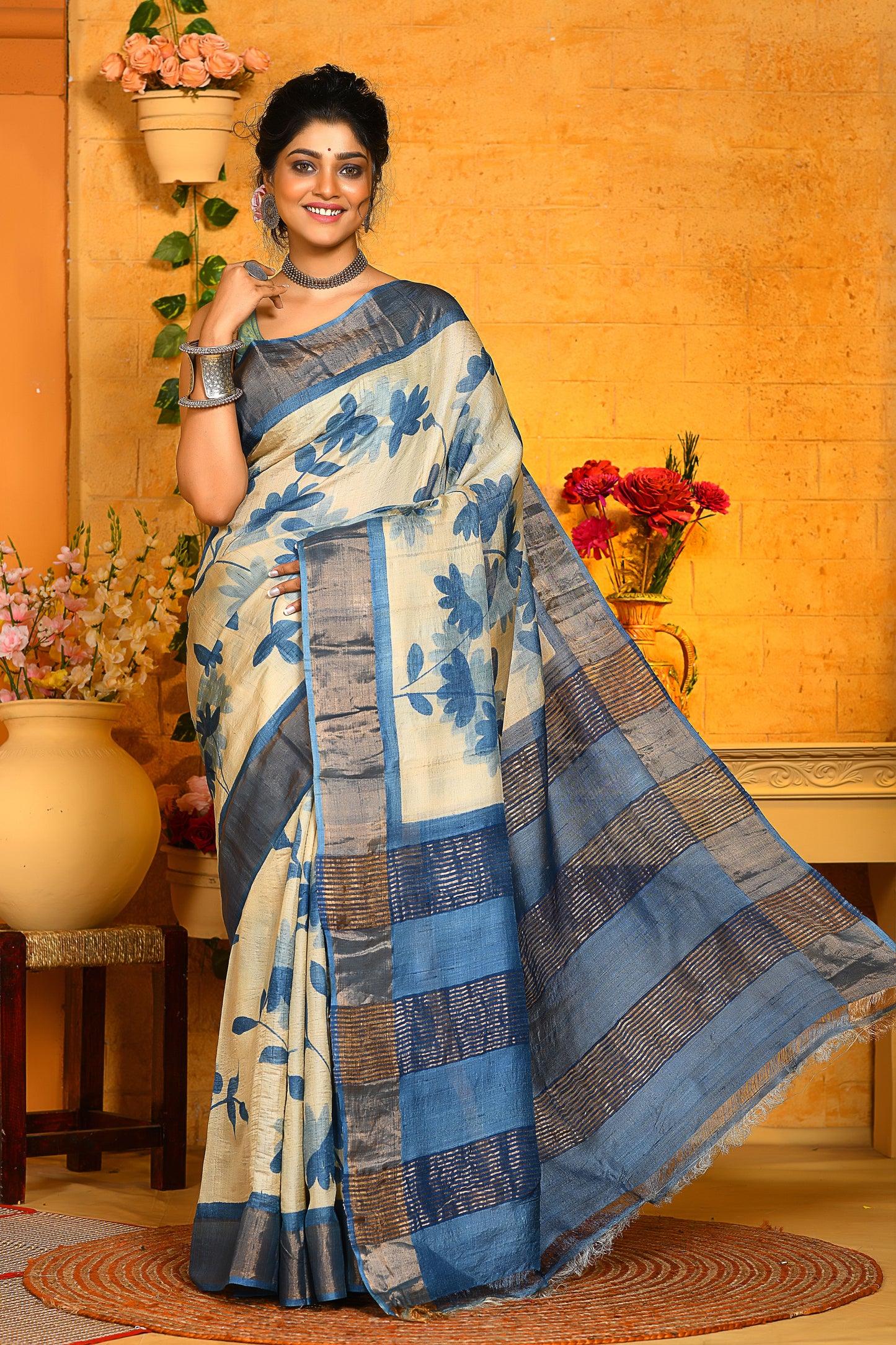 Blue Hand Painted Zari Pure Silk Mark Certified Tussar Silk Sarees