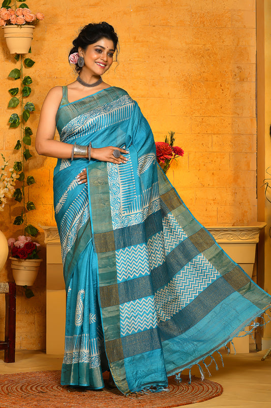 Blue Block Printed Zari Border Pure Silk Mark Certified Tussar Silk Sarees