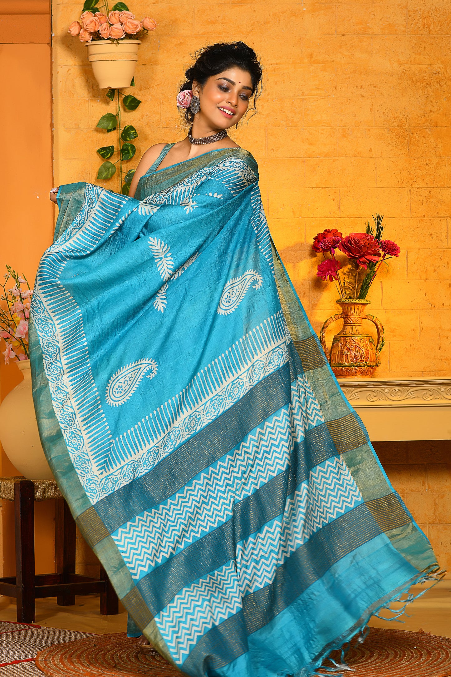 Blue Block Printed Zari Border Pure Silk Mark Certified Tussar Silk Sarees