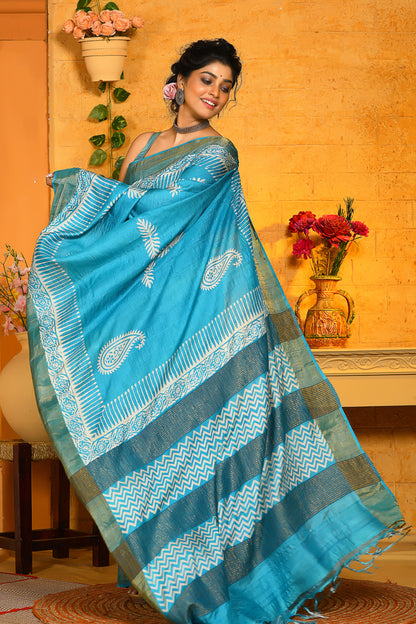 Blue Block Printed Zari Border Pure Silk Mark Certified Tussar Silk Sarees