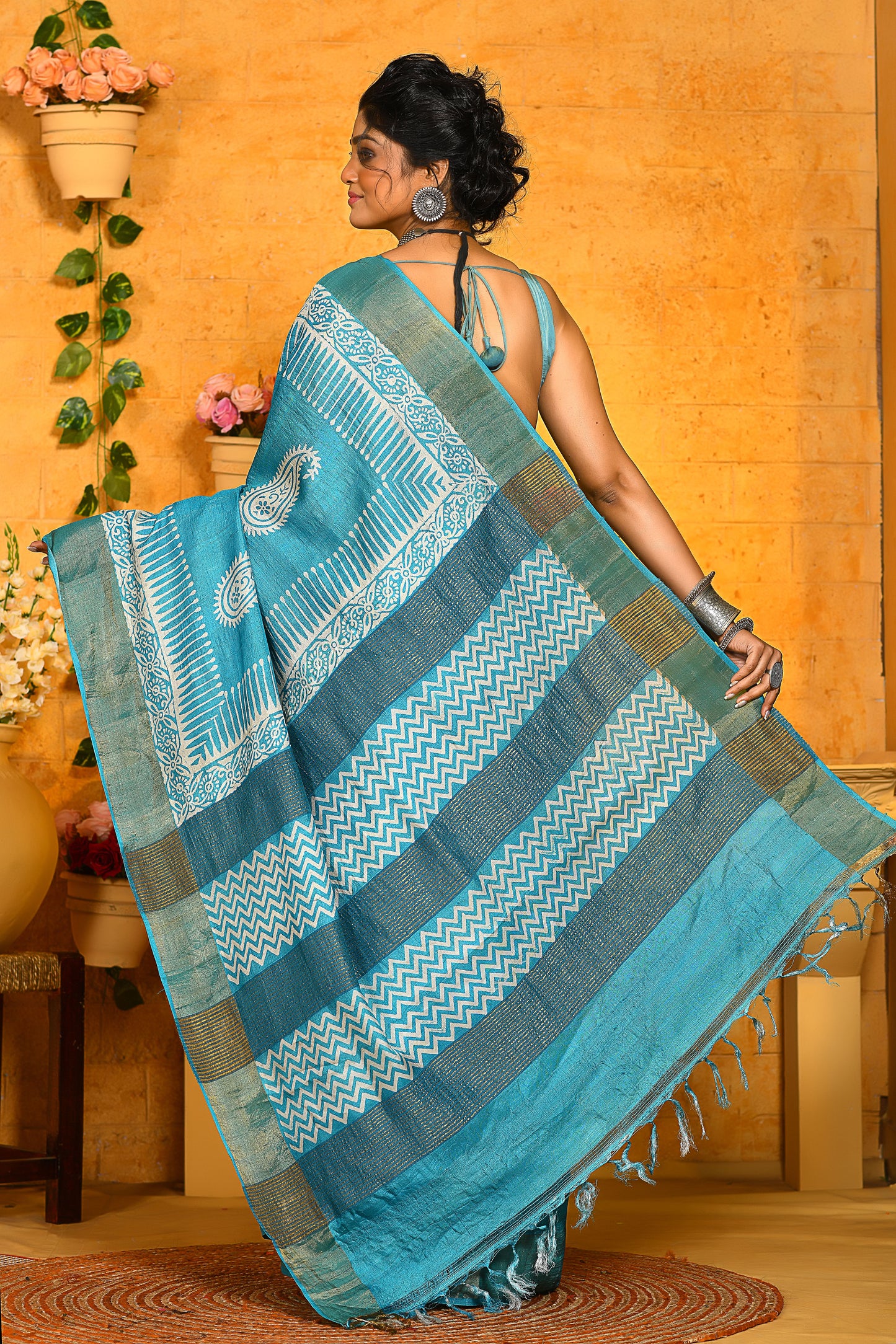 Blue Block Printed Zari Border Pure Silk Mark Certified Tussar Silk Sarees