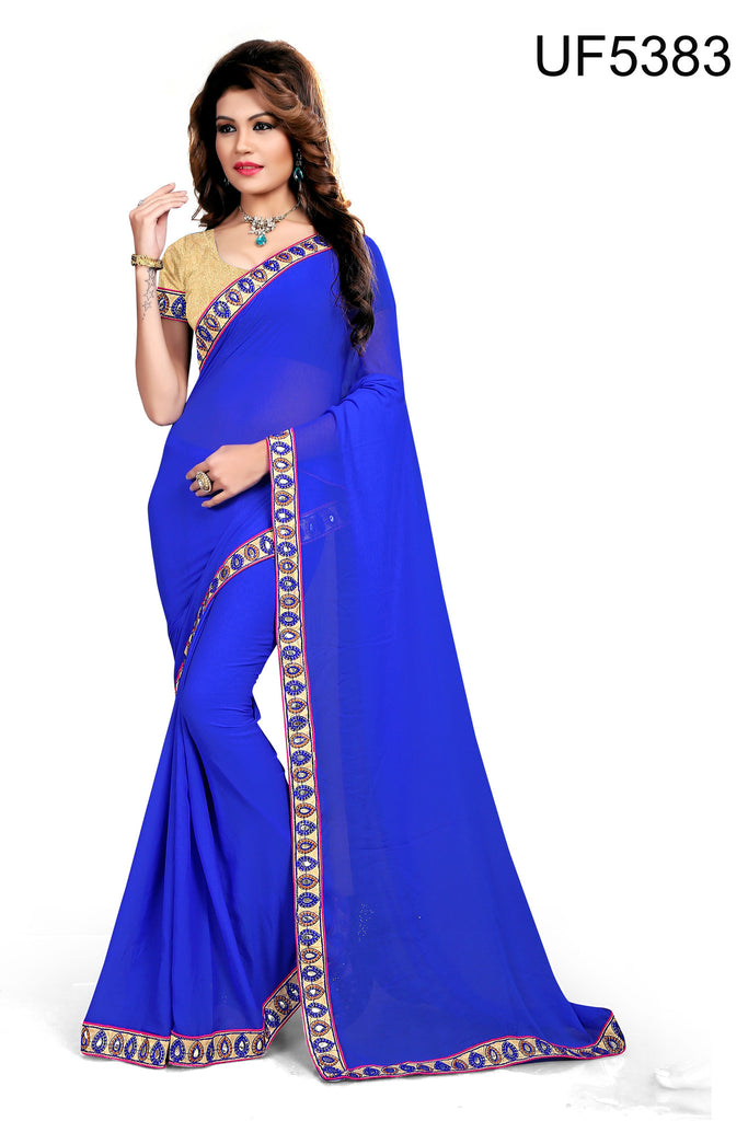 Lace Border & Heavy Blouse Designer Blue Georgette Sarees