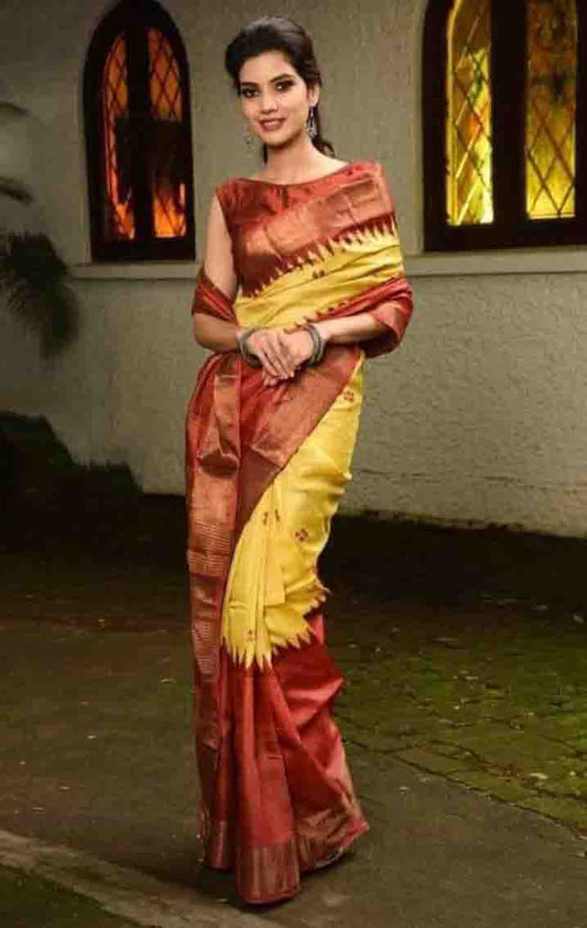 Yellow Red Block Printed Zari Border Pure Silk Mark Certified Tussar Silk Sarees