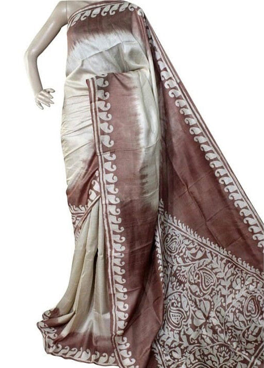 Brown Beige Exclusive Wax Hand Batik Print Pure Silk Mark Certified Bishnupuri Silk Sarees