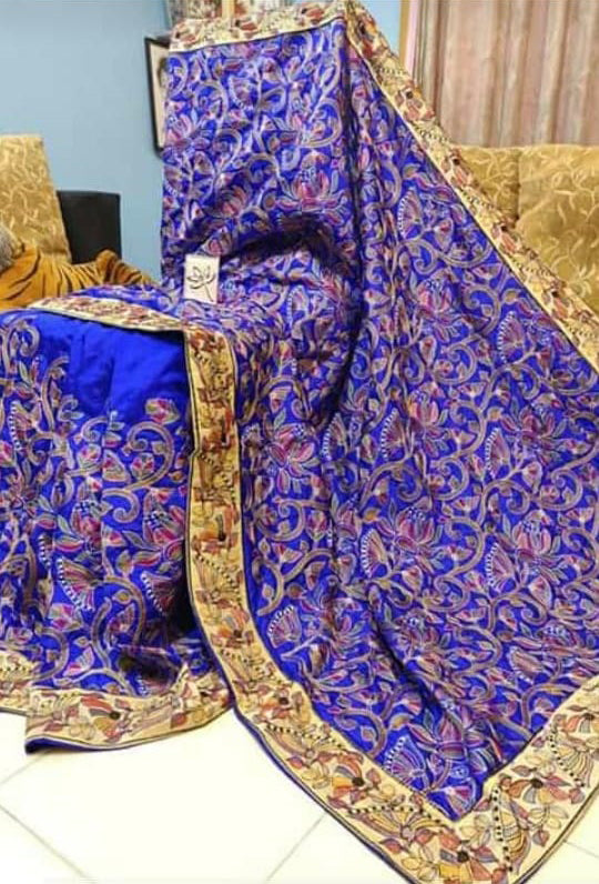 Blue Kantha Stitch Design Dupion Silk Sarees