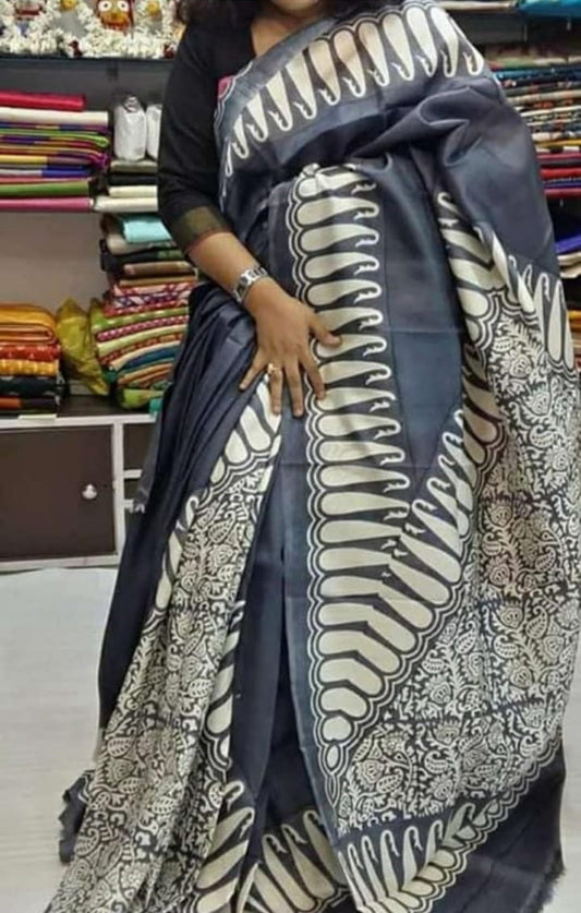 Grey Block Printed Pure Silk Mark Certified Bishnupuri Silk Sarees