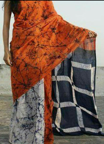 Orange Mulmul Batik Sarees