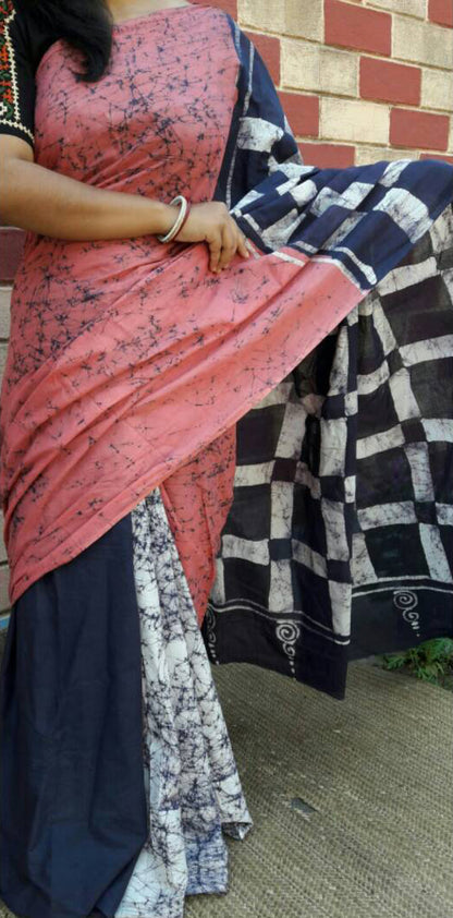 Pink Grey Mulmul Batik Sarees