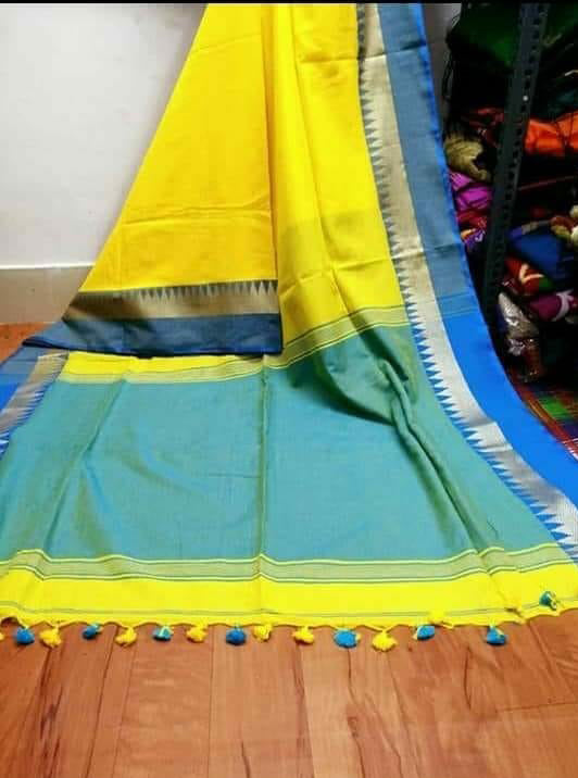 Yellow Blue Khadi Sarees