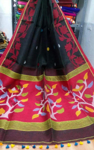 Black Pink Silk Pure Linen Sarees