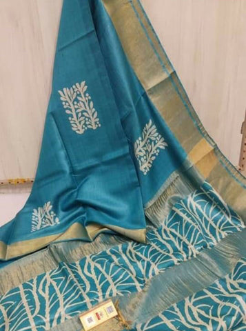 Blue Block Printed Zari Border Pure Silk Mark Certified Tussar Silk Sarees