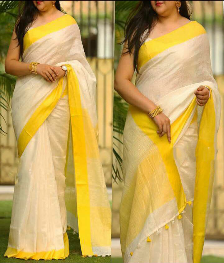 Yellow Beige Pure Linen Sarees