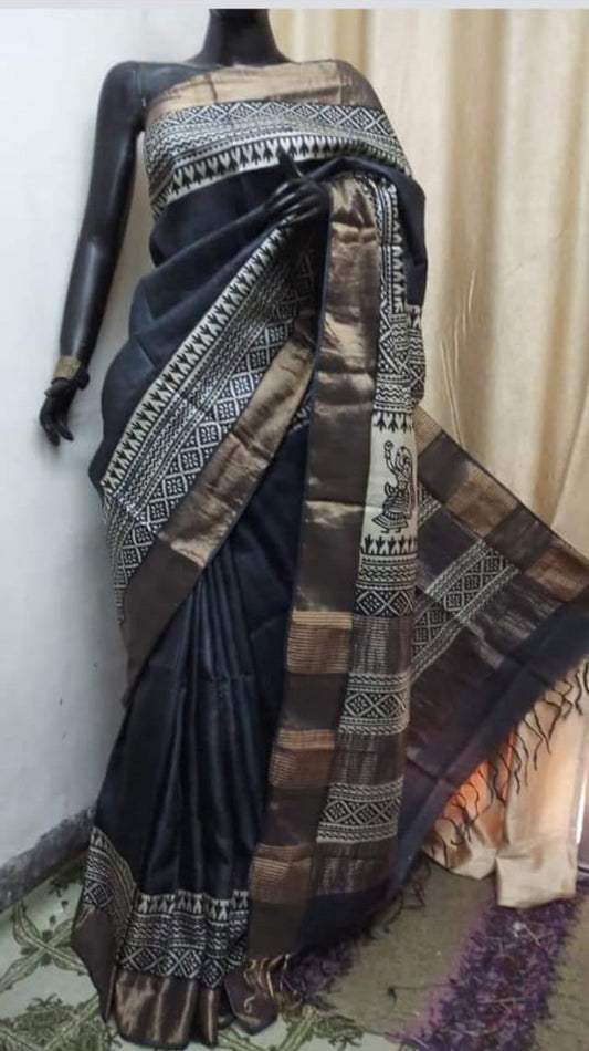 Grey Beige KK Block Printed  Zari Border Pure Silk Mark Certified Tussar Silk Sarees