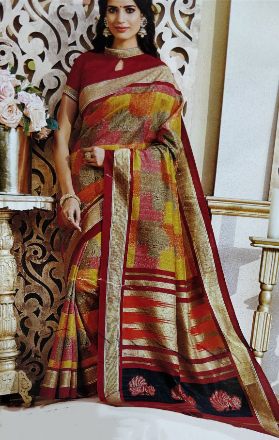 Red Yellow Pure Linen Sarees - Dailybuyys