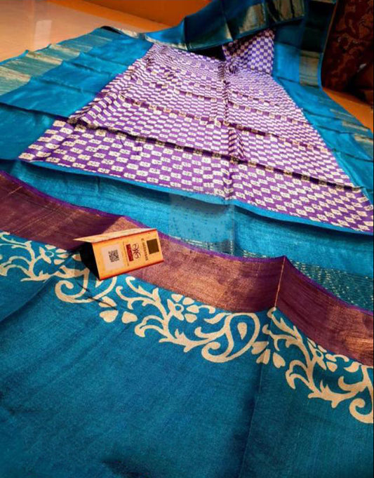 Blue Pink Block Printed Zari Border Pure Silk Mark Certified Tussar Silk Sarees - Dailybuyys