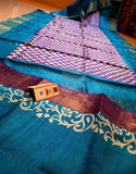 Blue Pink Block Printed Zari Border Pure Silk Mark Certified Tussar Silk Sarees