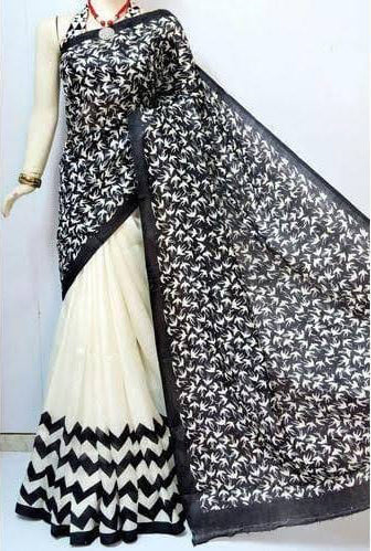 White Block Printed Pure Silk Mark Certified Bishnupuri Silk Sarees