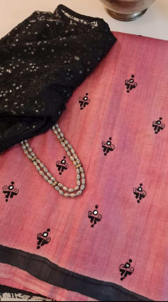 Pink Black Cut Work Zari Border Pure Silk Mark Certified Tussar Silk Sarees
