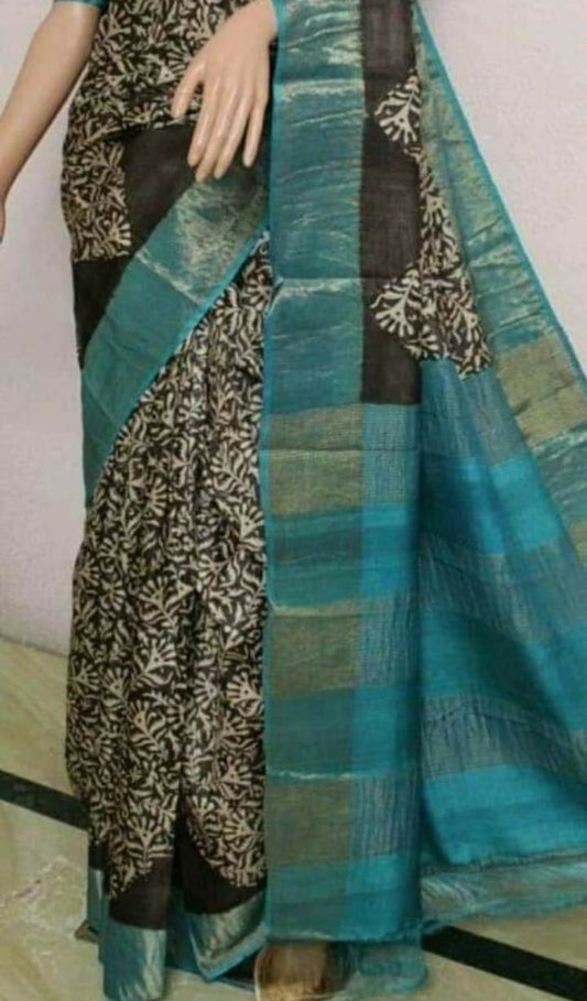 Blue Black Block Printed Zari Border Pure Silk Mark Certified Tussar Silk Sarees