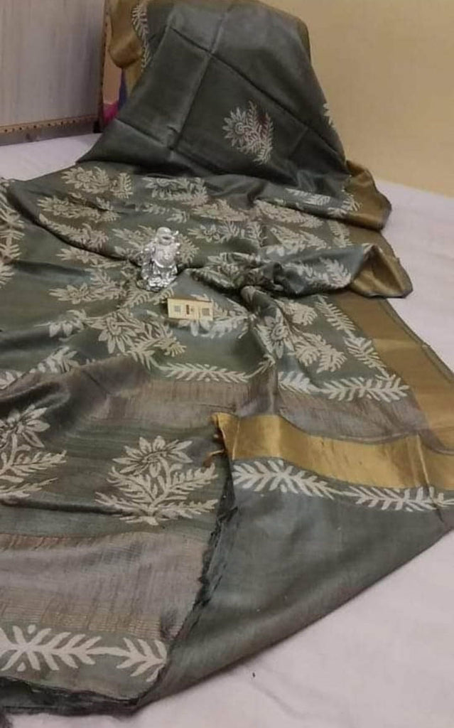 Grey Block Printed Zari Border Pure Silk Mark Certified Tussar Silk Sarees