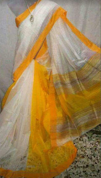 White Yellow Handloom Ghicha Sarees