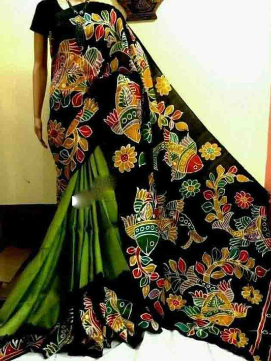 Green Wax Hand Painted Pure Silk Mark Certified Bishnupuri Silk Sarees