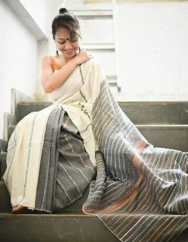 White Grey Pure Cotton Khesh Sarees