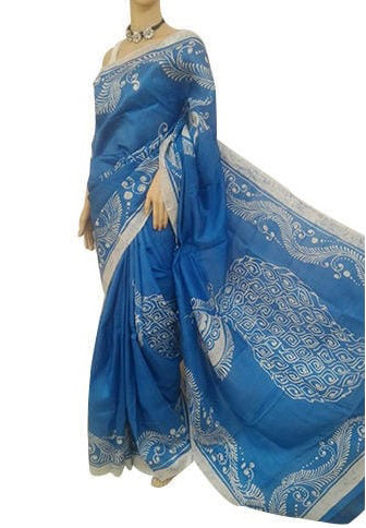 Blue Exclusive Wax Hand Batik Print Pure Silk Mark Certified Bishnupuri Silk Sarees