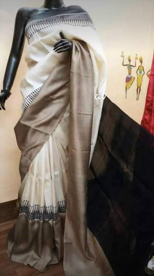 Coffee Brown Block Printed Pure Silk Mark Certified Bishnupuri Silk Sarees